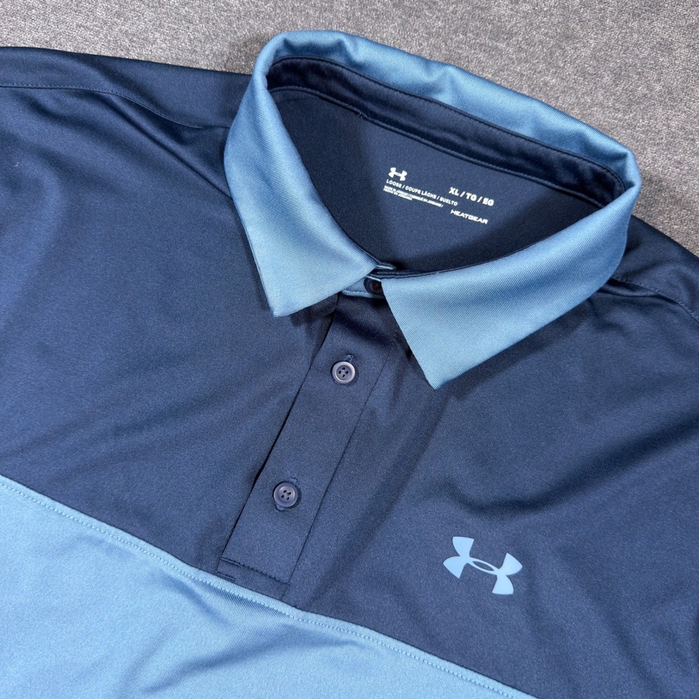 Under Armour Polo Shirt Mens XL Blue Colorblock HeatGear Loose Fit Short Sleeve